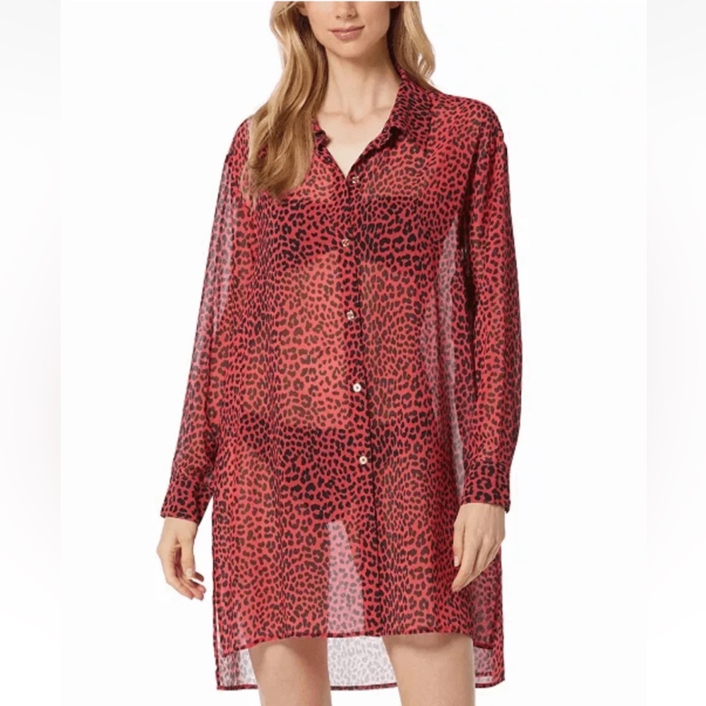 MICHAEL Michael Kors Sea Coral Leopard Sheer Swim Cover Up Tunic M NWT